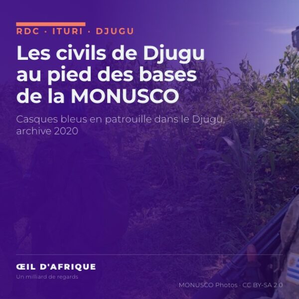 Casques bleus de la MONUSCO en patrouille sur une piste du territoire de Djugu, en Ituri, où des déplacés de Djugu se sont réfugiés près des bases onusiennes