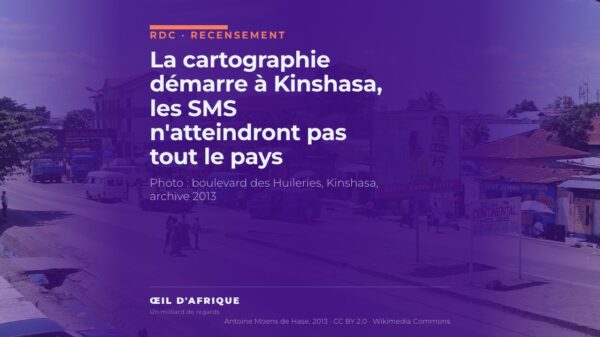 Boulevard des Huileries à Kinshasa, habitations et panneau publicitaire pour des SMS, là où débute la cartographie du recensement en RDC