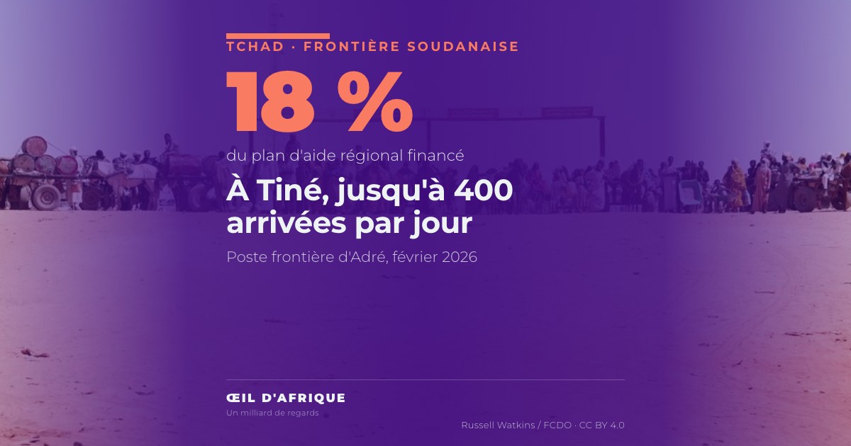 Des réfugiés soudanais au Tchad attendent avec leurs charrettes au poste frontière d'Adré, dans l'est du pays, en février 2026