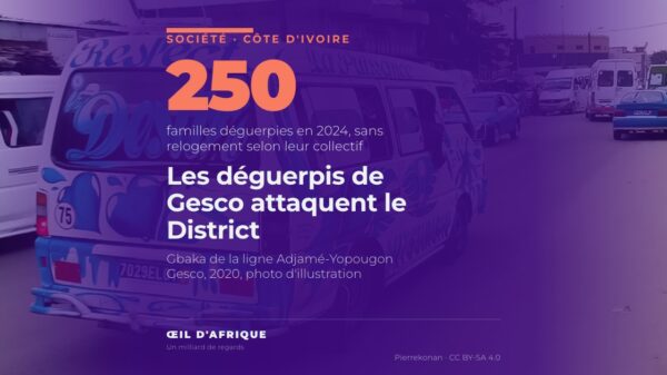 Minibus gbaka de la ligne Adjamé-Yopougon Gesco à Abidjan, quartier où les familles victimes du déguerpissement de Gesco attaquent le District