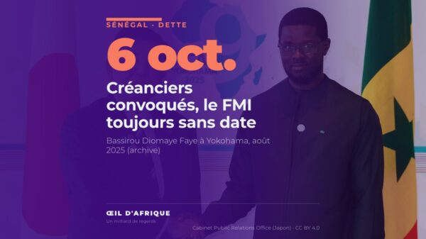Bassirou Diomaye Faye devant le drapeau du Sénégal, président dont le gouvernement négocie le traitement de la dette du Sénégal