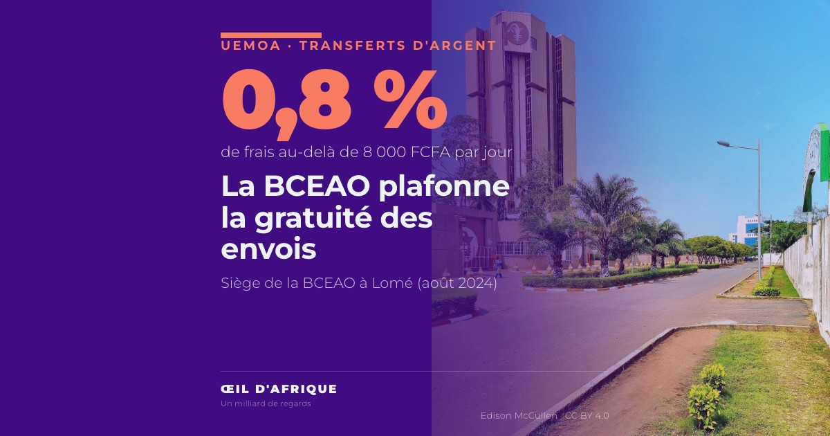 Tour du siège de la BCEAO à Lomé, banque centrale qui fixe les frais des transferts d'argent dans l'UEMOA
